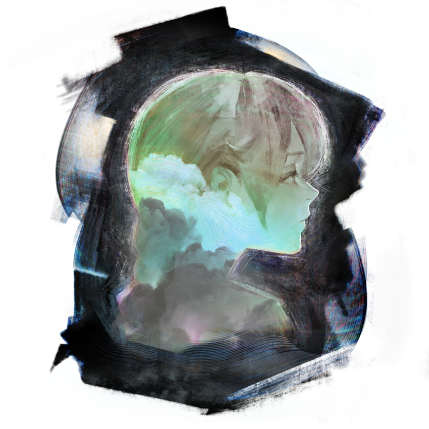 1girl black_background border braid braided_ponytail closed_mouth cloud commentary_request cropped_shoulders double_exposure expressionless gradient_filter limited_palette long_hair looking_ahead mi8pq portrait profile sekka_yufu solo utau white_border
