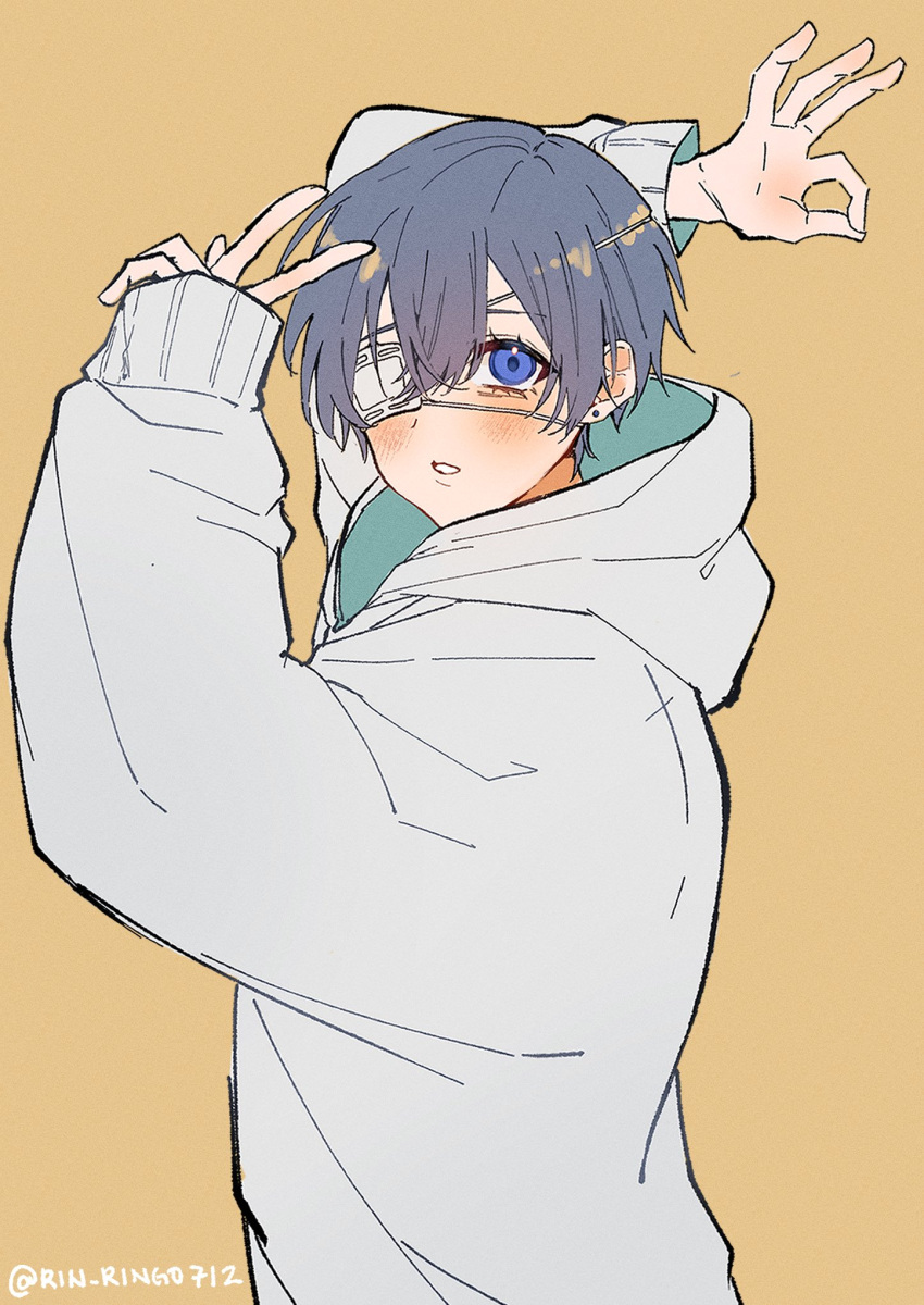 1boy arms_up blue_eyes blue_hair blush ciel_phantomhive closed_mouth dark_blue_hair earrings eyepatch goodbye_sengen_(vocaloid) highres hood hood_down hoodie jewelry kuroshitsuji long_sleeves looking_at_viewer male_focus medical_eyepatch ok_sign orange_background parody ringo712 short_hair simple_background sleeves_past_wrists solo twitter_username upper_body v vocaloid white_hoodie