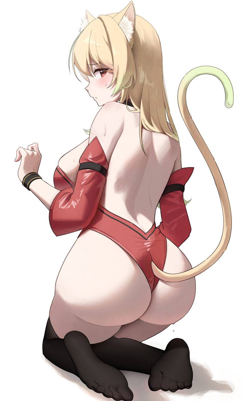 1girl absurdres animal_ear_fluff animal_ears ass backless_leotard black_thighhighs black_wristband blonde_hair blush breasts commission from_behind from_side highres large_breasts leotard long_hair original poko_(poko) profile red_eyes red_leotard sideways_glance simple_background solo squatting strapless strapless_leotard tail thighhighs thighs white_background