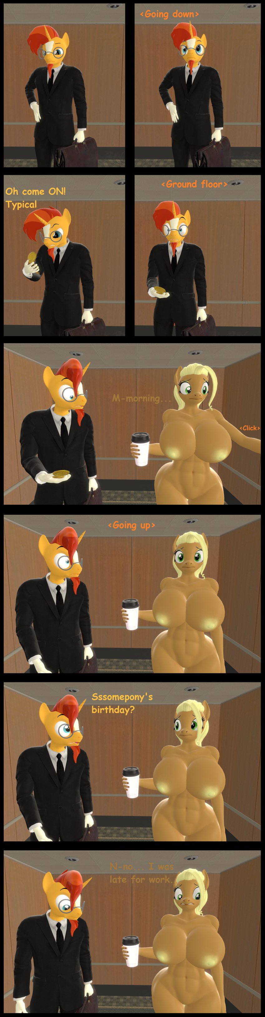 00284_(character) 2021 3d_(artwork) 5_fingers abs absurd_res anthro anthrofied areola athletic athletic_anthro athletic_female beard big_areola big_breasts blonde_hair breasts brown_body brown_fur business_suit clock clothing curvy_figure detailed_background dialogue digital_media_(artwork) duo earth_pony elevator english_text equid equine eyelashes eyewear facial_hair female fingers friendship_is_magic fur glasses green_eyes hair hasbro hi_res horn horse huge_breasts inside male mammal multicolored_body multicolored_fur my_little_pony mythological_creature mythological_equine mythology navel nipples nude orange_hair pocketwatch pony source_filmmaker suit suitcase sunburst_(mlp) teal_eyes text that1guy thick_thighs two_tone_body two_tone_fur unicorn unicorn_horn voluptuous watch white_body white_fur wide_hips yellow_body yellow_fur yellow_nipples
