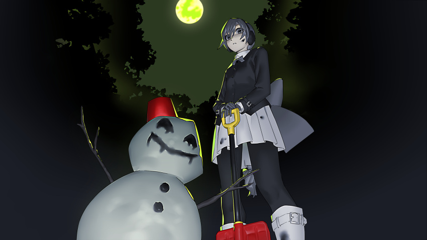 1girl back_bow black_eyes black_jacket black_pantyhose boots bow bowtie dirty dirty_clothes earmuffs feet_out_of_frame foliage from_below full_moon gloves green_sky grey_bow grey_bowtie grey_gloves grey_hair hand_on_hilt highres jacket long_hair long_sleeves looking_at_viewer looking_down mi8pq moon night outdoors own_hands_together pantyhose parted_lips planted planted_shovel pleated_skirt sekka_yufu shovel skirt snow_shovel snowman solo soot standing utau very_long_hair white_footwear white_skirt