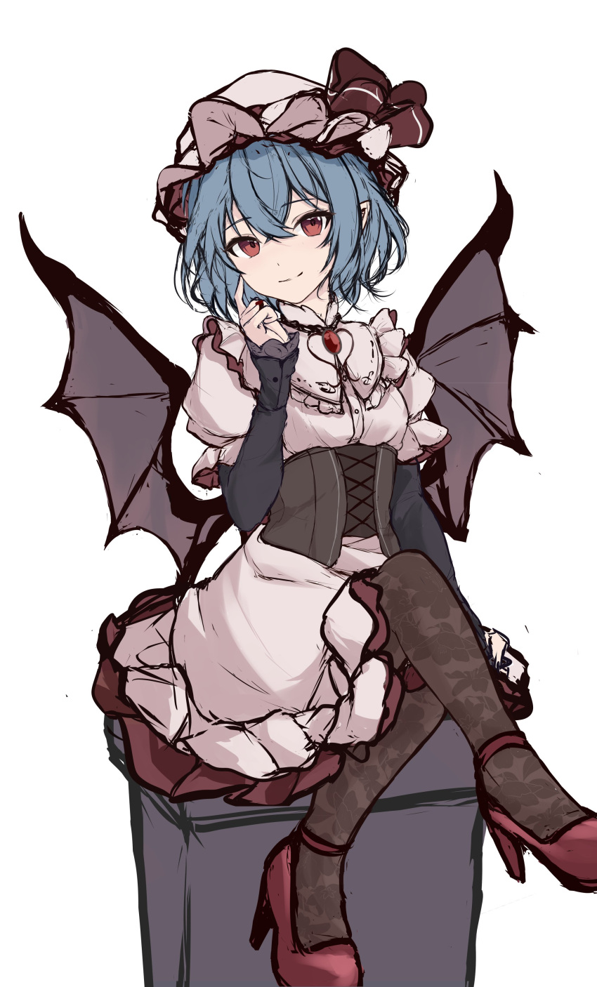 1girl absurdres bat_wings black_thighhighs blue_hair closed_mouth dress full_body hat hat_ribbon high_heels highres looking_at_viewer mob_cap orchid_(orukido) pink_dress pink_hat red_eyes red_footwear red_ribbon remilia_scarlet ribbon short_hair simple_background sitting sketch smile solo thighhighs touhou white_background wings