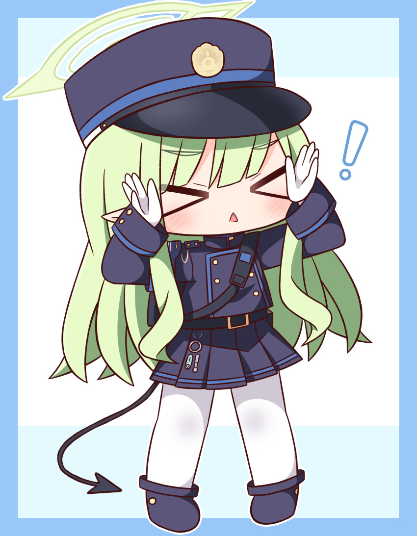 ! &gt;_&lt; 1girl :&lt; black_skirt blue_archive blue_background blue_border blue_footwear blue_hat blue_jacket blush border chibi closed_eyes demon_tail facing_viewer full_body gloves green_hair halo hana_kazari hands_up hat highlander_sidelocks_conductor_(blue_archive) highres jacket long_hair pantyhose parted_lips peaked_cap pleated_skirt pointy_ears shoes skirt solo standing tail triangle_mouth two-tone_background very_long_hair white_background white_gloves white_pantyhose