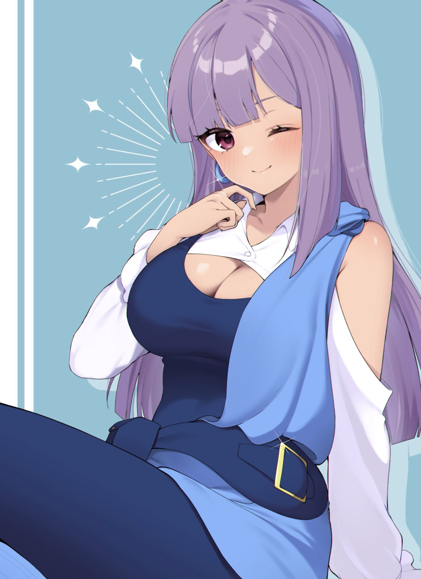 1girl bare_shoulders blue_background blue_tank_top breasts campbell_xx cleavage clothing_cutout earrings gundam gundam_zz highres jewelry long_hair looking_at_viewer medium_breasts one_eye_closed purple_eyes purple_hair roux_louka shoulder_cutout sitting smile solo spandex tank_top