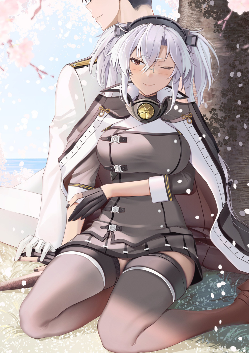 1boy 1girl absurdres admiral_(kancolle) black_nails black_thighhighs blush breasts brown_eyes cherry_blossoms dark-skinned_female dark_skin day fingerless_gloves glasses gloves grey-framed_eyewear grey_hair hair_between_eyes hat headgear highres jacket kantai_collection large_breasts long_hair looking_at_viewer military military_uniform musashi_(kancolle) musashi_kai_ni_(kancolle) naval_uniform outdoors peaked_cap pointy_hair rectangular_eyewear red_eyes sakuramon semi-rimless_eyewear sitting skirt smile thighhighs twintails uniform very_long_hair white_hair yunamaro