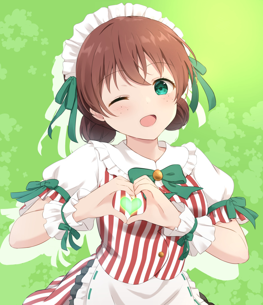 1girl ;d absurdres apron bow bowtie brown_hair commentary double_bun drop_shadow emma_verde freckles frilled_apron frilled_cuffs frills green_background green_bow green_bowtie green_eyes green_ribbon hair_bun heart heart_hands heart_in_heart_hands highres love_live! love_live!_nijigasaki_high_school_idol_club maid maid_headdress one_eye_closed open_mouth puffy_short_sleeves puffy_sleeves red_shirt red_skirt ribbon ribbon-trimmed_apron ribbon_trim shirt short_hair short_sleeves skirt smile solo striped_clothes striped_shirt striped_skirt two-tone_shirt two-tone_skirt vertical-striped_clothes vertical-striped_shirt vertical-striped_skirt waist_apron white_apron white_headdress white_shirt white_skirt white_sleeves white_wrist_cuffs wrist_cuffs yutuki_ame