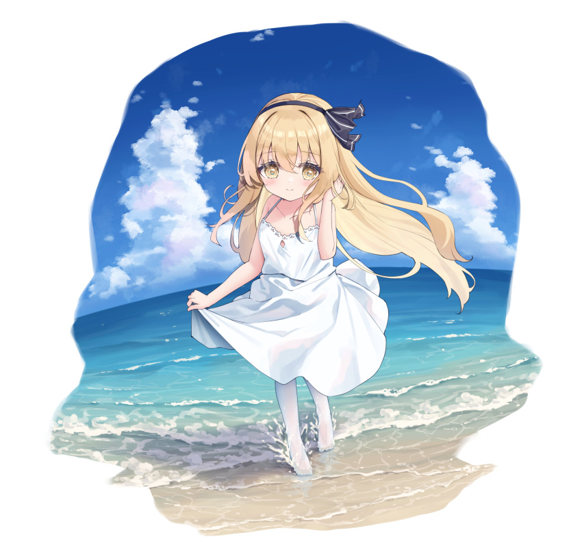 1girl bare_arms bare_shoulders black_bow black_hairband blonde_hair blue_sky bow breasts brown_eyes closed_mouth cloud collarbone commission day dress hair_between_eyes hairband hand_up highres horizon long_hair no_shoes ocean original outdoors pantyhose satsuki_yukimi skeb_commission skirt_hold sky sleeveless sleeveless_dress small_breasts smile solo very_long_hair walking water white_dress white_pantyhose
