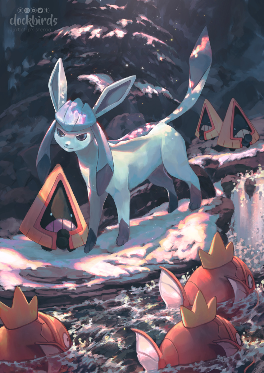 artist_name blue_eyes clockbirds closed_mouth commentary english_commentary fish glaceon highres looking_at_another magikarp no_humans outdoors photoshop_(medium) pokemon pokemon_(creature) river scenery smirk snorunt snow snowing solid_eyes splashing tree v-shaped_eyes watermark winter