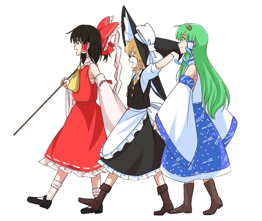 3girls apron arms_behind_head ascot black_vest blonde_hair blue_skirt bow braid brown_eyes brown_hair chest_sarashi closed_eyes closed_mouth detached_sleeves frilled_bow frilled_hair_tubes frills frog_hair_ornament gohei green_eyes green_hair hair_bow hair_ornament hair_tubes hakurei_reimu hat hat_bow holding holding_gohei kirisame_marisa kochiya_sanae long_hair multiple_girls open_mouth red_bow red_skirt ribbon-trimmed_sleeves ribbon_trim sarashi short_sleeves side_braid single_braid skirt skirt_set smile snake_hair_ornament touhou vest waist_apron walking white_apron white_bow witch_hat yakousei_no_kame yellow_ascot