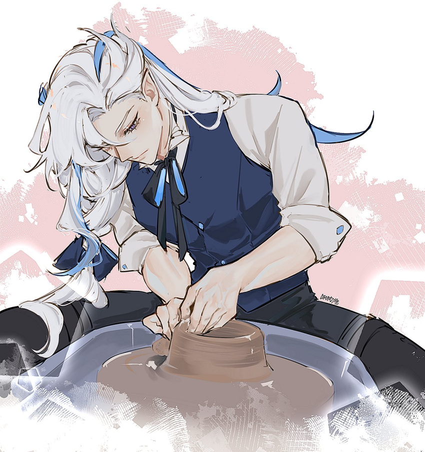 1boy alternate_costume arondyte bishounen blue_hair cowboy_shot genshin_impact highres long_hair male_focus multicolored_hair neck_ribbon neuvillette_(genshin_impact) pottery ribbon shirt simple_background sitting sleeves_rolled_up solo streaked_hair vest white_hair white_shirt