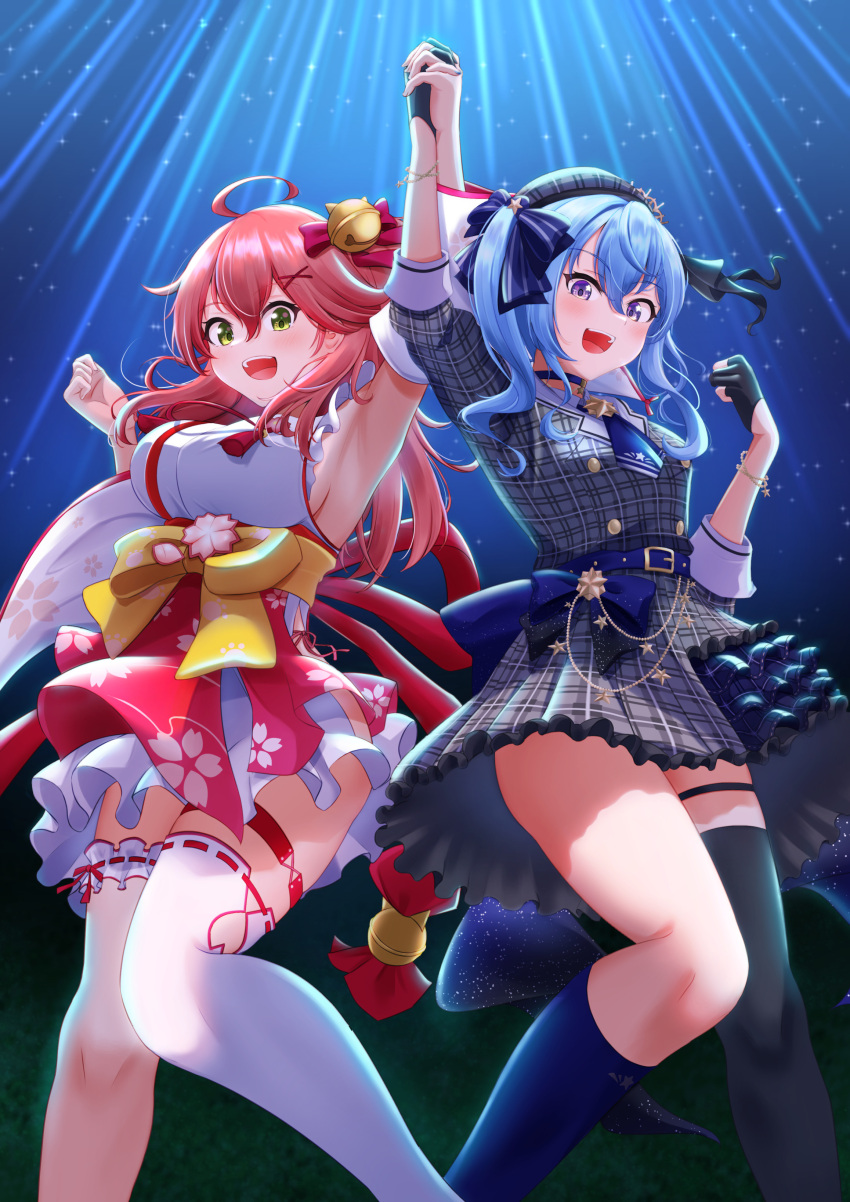 2girls :d absurdres ahoge arm_up bell beret black_gloves black_legwear blue_choker blue_hair blue_legwear breasts cherry_blossom_print choker dress feet_out_of_frame fingerless_gloves floral_print frilled_dress frills garters gloves green_eyes hair_bell hair_ornament hair_ribbon hand_up hat highres holding_hands hololive hoshimachi_suisei japanese_clothes jingle_bell kaigan large_breasts legs long_hair mini_wings multiple_girls necktie night night_sky obi open_mouth pink_hair plaid plaid_dress purple_eyes ribbon sakura_miko sash short_necktie side_ponytail sidelocks single_thighhigh sky smile star_(sky) star_(symbol) star_in_eye starry_sky symbol_in_eye tassel teeth thigh_strap thighhighs thighs upper_teeth virtual_youtuber white_dress white_legwear wide_sleeves wings x_hair_ornament