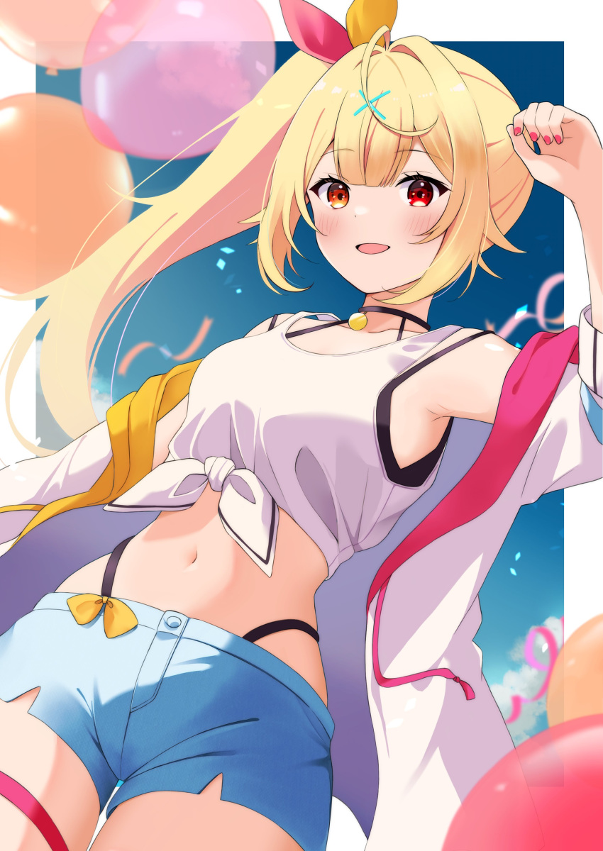 1girl :d absurdres balloon blonde_hair blue_shorts blush breasts collarbone crop_top fingernails hair_ornament highres hoshikawa_sara hoshikawa_sara_(1st_costume) long_hair looking_at_viewer nail_polish natsu12113 navel nijisanji red_eyes red_nails short_shorts shorts side_ponytail sleeveless smile solo tank_top virtual_youtuber white_tank_top x_hair_ornament