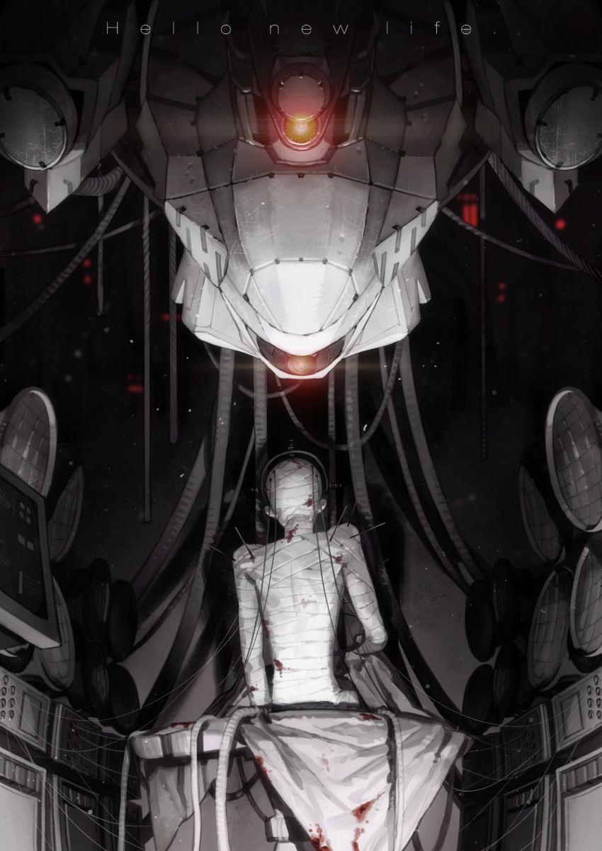 1other 621_(armored_core_6) ambiguous_gender armored_core armored_core_6 bandaged_arm bandaged_chest bandaged_head bandages blood blood_stain cable english_text from_behind highres la_bo_chu_shi mecha monitor red_eyes robot science_fiction sitting