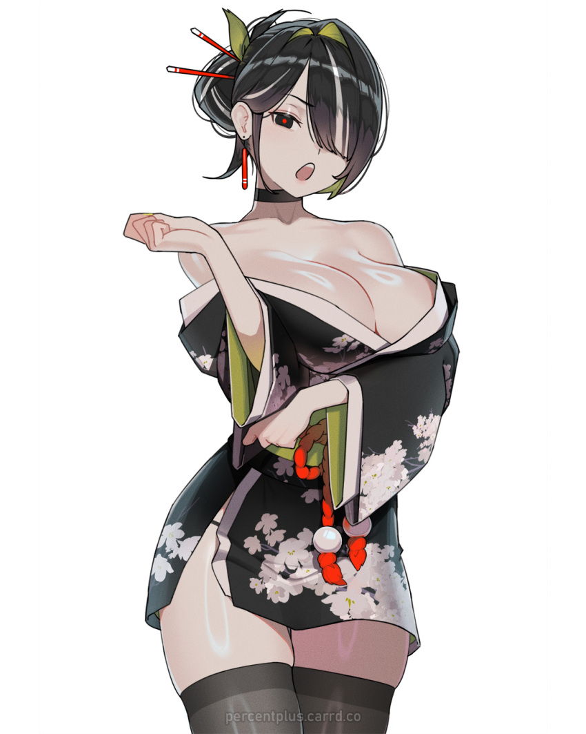 1girl bare_shoulders black_eyes black_kimono breasts cherry_blossoms cleavage colored_inner_hair earrings hair_ornament hair_over_one_eye hairpin highres japanese_clothes jewelry kimono multicolored_hair original percentplus red_pupils short_hair simple_background solo thighhighs white_background