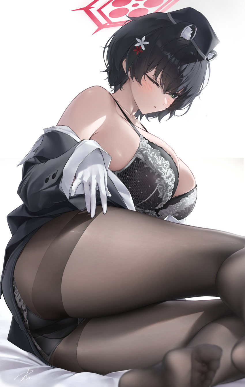 1girl ;o absurdres animal_ears ass black_bra black_hair black_hat black_jacket black_panties black_pantyhose black_skirt blue_archive blush bow bowtie bra breasts clothes_pull extra_ears gloves halo highres huge_breasts jacket jacket_pull large_breasts looking_ahead official_alternate_costume one_eye_closed open_clothes open_jacket open_shirt panties pantyhose raccoon_ears red_bow red_bowtie red_halo shirt_pull short_hair simple_background skirt soles solo toes tour_guide tsubaki_(guide)_(blue_archive) underwear white_background white_gloves yabacha