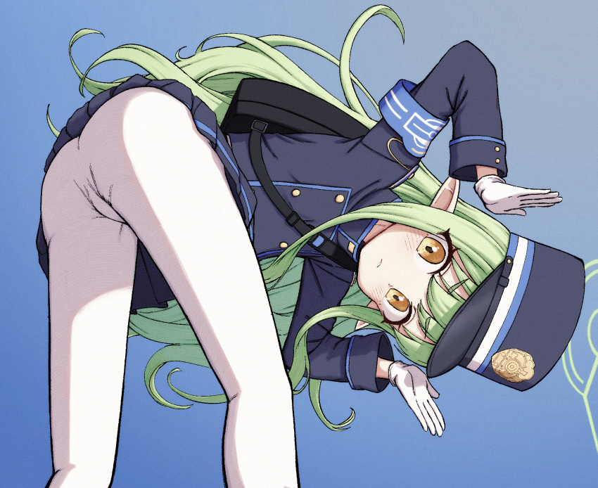 1girl armband ass bent_over blue_archive blue_armband blue_background blush clothes_lift commentary_request gloves green_hair halo hat highlander_sidelocks_conductor_(blue_archive) highres jacket long_hair looking_at_viewer paid_reward_available pantyhose peaked_cap poikuru pointy_ears sidelocks simple_background skirt skirt_lift solo train_conductor white_gloves white_pantyhose yellow_eyes