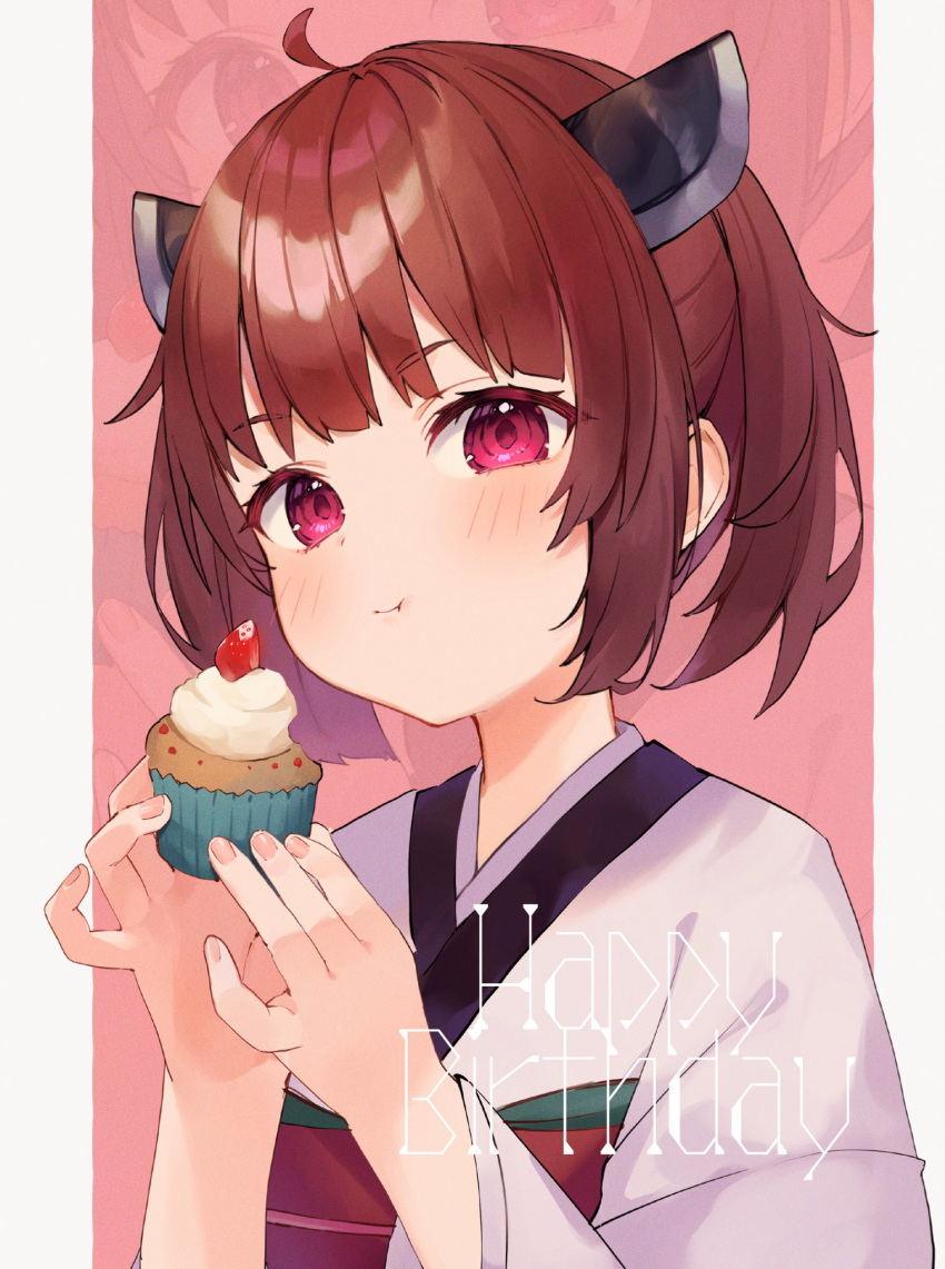 1girl ahoge blush brown_hair closed_mouth cupcake eating food food_bite hands_up headgear highres holding holding_food japanese_clothes kimono looking_at_viewer obi obiage obijime outside_border pillarboxed pink_background red_eyes sash short_hair solo tananuki touhoku_kiritan twintails upper_body voiceroid white_kimono zoom_layer