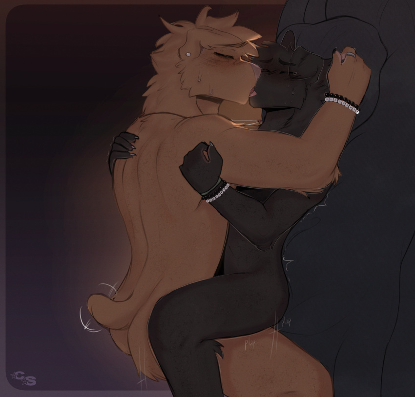 absurd_res anthro athletic athletic_male bed bedding bird_dog black_body black_fur blush bodily_fluids bracelet brown_body brown_fur butt canid canine canis cerberussenn claws curly_coated_retriever domestic_dog duo ear_piercing embrace eye_bags floppy_ears freckles french_kissing friendship_bracelet from_front_position fur furniture hair hand_on_back hi_res holding_partner huge_filesize hunting_dog hybrid intimate jewelry kissing labrador larger_male legs_up light love lying male male/male mammal mastiff messy_hair missionary_position molosser necklace nub_tail on_back passionate piercing pillow pink_nose plap retriever ring romantic romantic_ambiance romantic_couple romantic_sex rottweiler sex shaking shasta_chirmann_(cerberussenn) signature size_difference slim_male smaller_male stud_piercing sunlight sweat tail tail_motion tailwag tears tears_of_pleasure tobey_balaguero_(cerberussenn) tremble_spikes trembling virgin