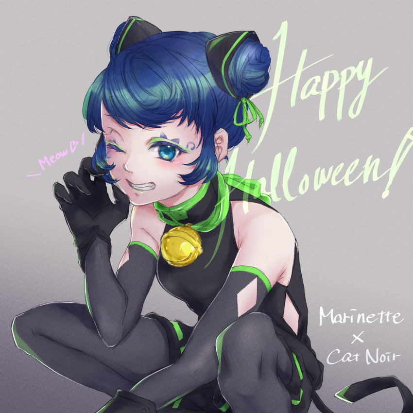 1girl animal_ears bell black_footwear black_gloves black_shirt blue_eyes blue_hair cat_ears cat_girl gloves grey_background highres jingle_bell looking_at_viewer marinette_dupain-cheng miraculous_ladybug nkrb_mlb one_eye_closed paw_pose shirt simple_background sitting smile solo