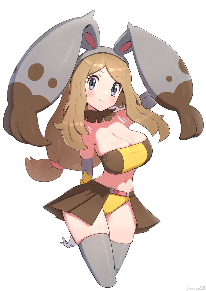 absurdres animal_ears arm_behind_back arm_behind_head blue_eyes breasts brown_hair brown_skirt brown_tube_top cleavage cosplay cowboy_shot diggersby diggersby_(cosplay) gonzarez grey_thighhighs highres large_breasts long_hair looking_at_viewer navel panties playboy_bunny pokemon pokemon_xy rabbit_ears serena_(pokemon) sidelocks simple_background skirt strapless thighhighs tube_top underwear white_background yellow_panties yellow_tube_top