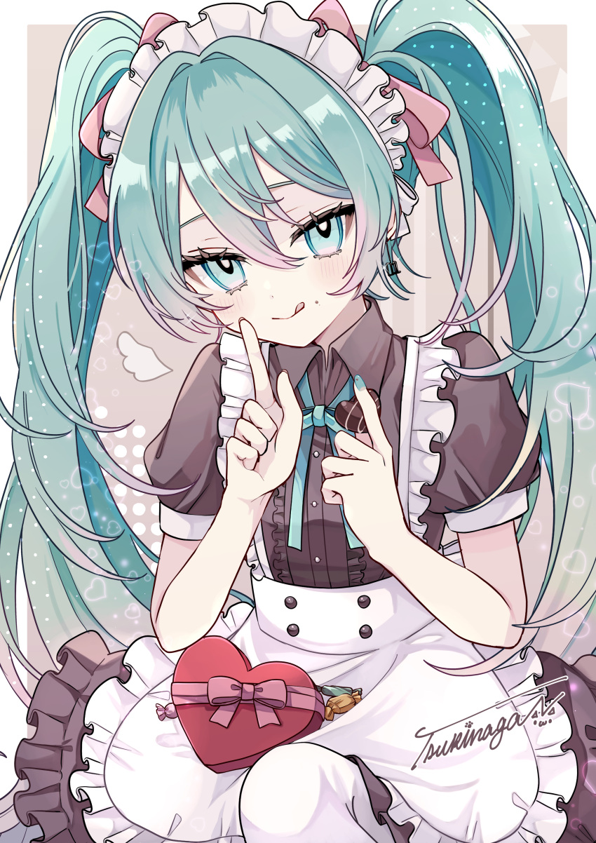 1girl :q absurdres apron aqua_hair blue_eyes blue_nails box collared_shirt dress_shirt food food_on_face grey_shirt grey_skirt hair_between_eyes hair_ribbon hatsune_miku heart-shaped_box highres index_finger_raised long_hair looking_at_viewer maid_headdress naguno-0713 nail_polish pantyhose pink_ribbon ribbon shirt short_sleeves signature skirt smile solo tongue tongue_out twintails valentine very_long_hair vocaloid waist_apron white_apron white_pantyhose wing_collar