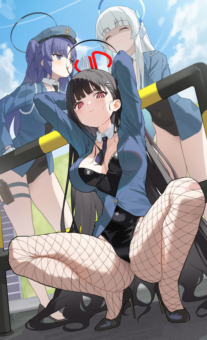3girls :o ^_^ absurdres alternate_costume arms_behind_head arms_up black_footwear black_hair black_leotard black_necktie blue_archive blue_jacket breasts closed_eyes detached_collar false_smile fishnet_pantyhose fishnets grey_hair halo hat high_heels highres holster ildy jacket large_breasts leotard looking_at_another looking_at_viewer multiple_girls necktie noa_(blue_archive) outdoors pantyhose peaked_cap purple_hair ringed_eyes rio_(blue_archive) short_necktie smile spread_legs squatting thigh_holster yuuka_(blue_archive)