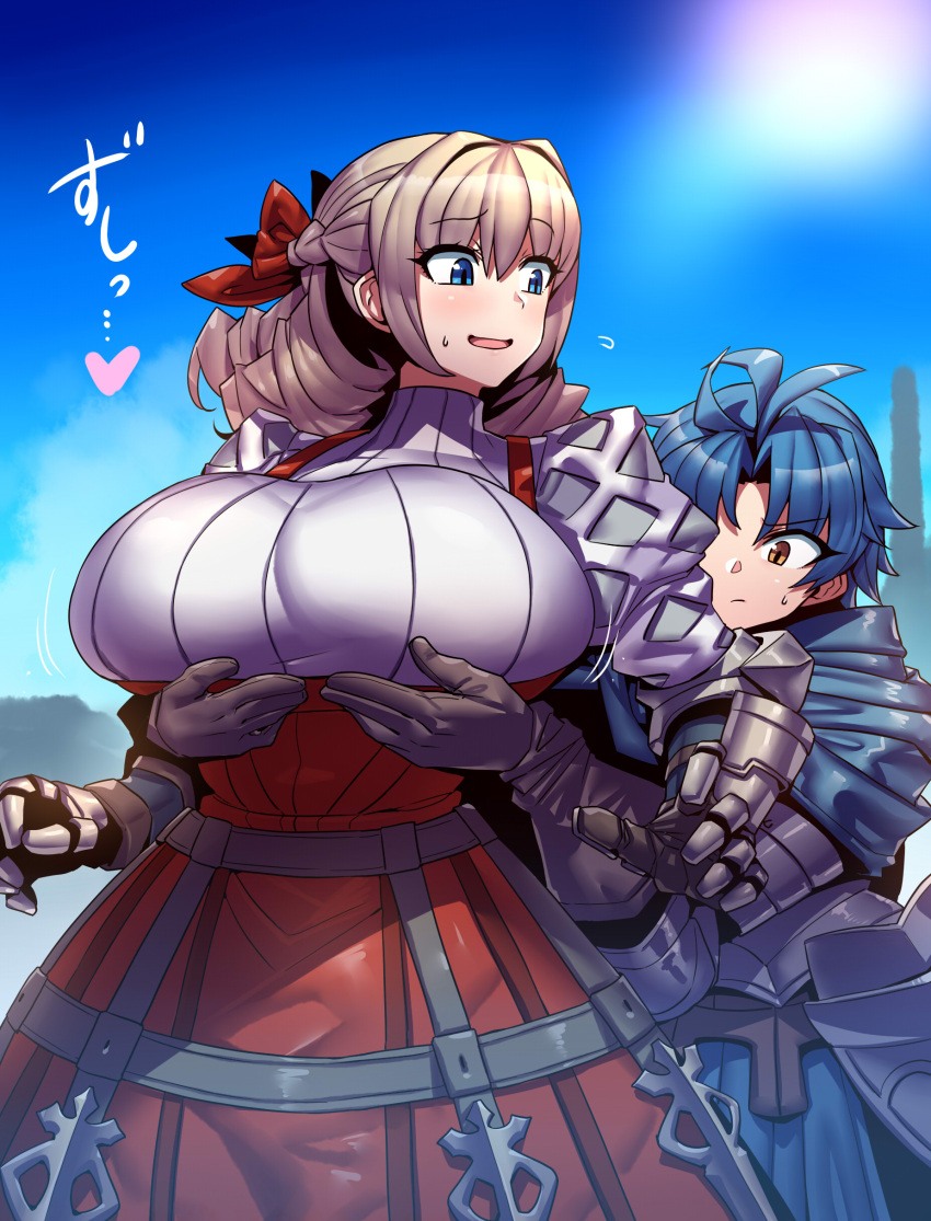 1boy 1girl absurdres alain_(unicorn_overlord) alternate_breast_size alternate_eye_color armor blonde_hair blue_eyes blue_hair blush braid breasts brown_eyes dress drill_hair embarrassed gauntlets grabbing grabbing_another's_breast grabbing_from_behind groping hair_intakes hair_ribbon hetero highres huge_breasts long_hair open_mouth red_dress ribbon scarlett_(unicorn_overlord) short_hair sweat sweater tukiwani turtleneck turtleneck_sweater unicorn_overlord