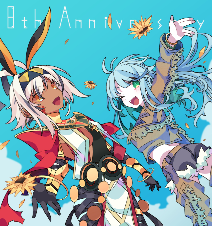 1boy 2girls absurdres animal_ears ankh ankh_necklace antenna_hair aztec belt_buckle black_bandages blue_hair bracelet bracer braid breasts buckle cape chaps clothing_aside colored_inner_hair crystal_hair dark-skinned_female dark_skin denim detached_pants earrings facepaint facial_mark fate/grand_order fate_(series) fringe_trim green_bracelet green_eyes green_hair highres hoop_earrings jackal_ears jacket jewelry kujiramaru kukulkan_(fate) kukulkan_(first_ascension)_(fate) long_hair looking_at_viewer maya_(culture) medium_breasts mexican_clothes midriff multicolored_hair multiple_girls nitocris_(fate) nitocris_alter_(fate) nitocris_alter_(second_ascension)_(fate) open_mouth red_cape short_hair shorts shorts_aside sidelocks smile snake_print streaked_hair thighs usekh_collar white_hair yellow_eyes