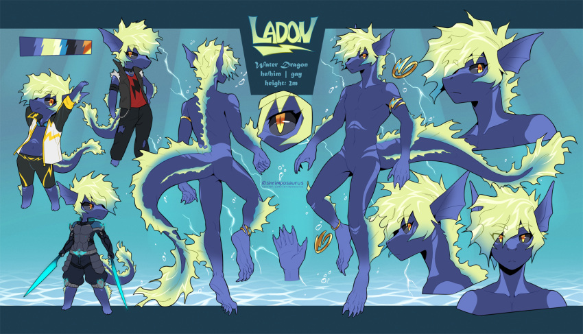 anthro aquatic_dragon biped blue_body clothed clothing color_swatch dragon english_text hi_res ladon_(character) male marine model_sheet mythological_creature mythological_scalie mythology scalie shrimposaurus solo tail text