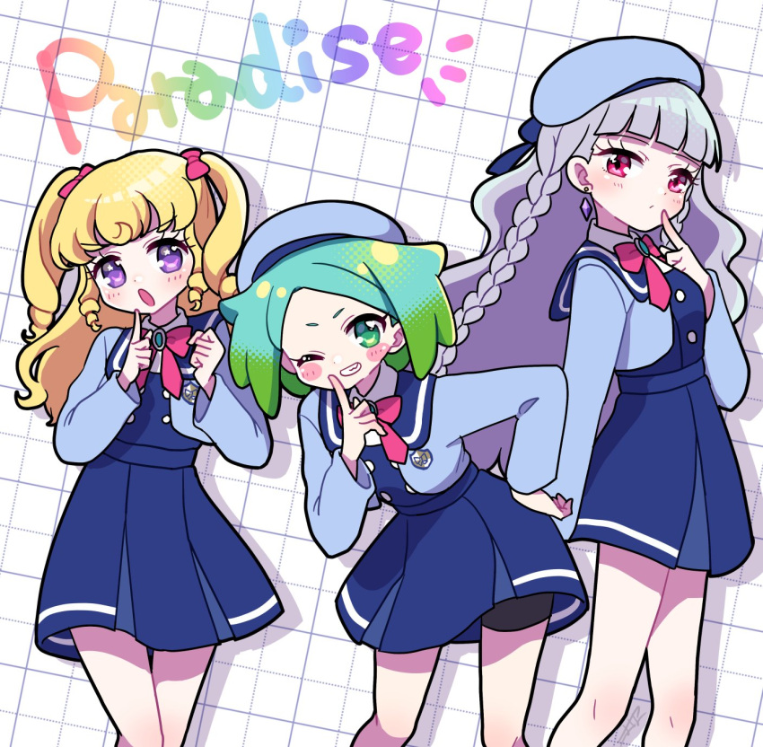 3girls :o beret blonde_hair blue_dress blue_hair blue_hat blue_jacket blunt_bangs blush bow braid closed_mouth commentary_request cosplay cropped_jacket diamond_earrings dress earrings gradient_hair green_eyes green_hair grey_hair grin hair_bow hand_on_own_hip hands_up hat highres himitsu_no_aipri idol_time_pripara index_finger_raised jacket jewelry koda_michiru koyoshi_yoko leaning_forward long_hair long_sleeves looking_at_viewer miichiru_(pripara) multicolored_hair multiple_girls nijiiro_nino one_eye_closed open_mouth paradise_private_academy_school_uniform pretty_series pripara purple_eyes red_eyes school_uniform short_hair smile standing twin_braids two_side_up very_long_hair wavy_hair yumekawa_yui