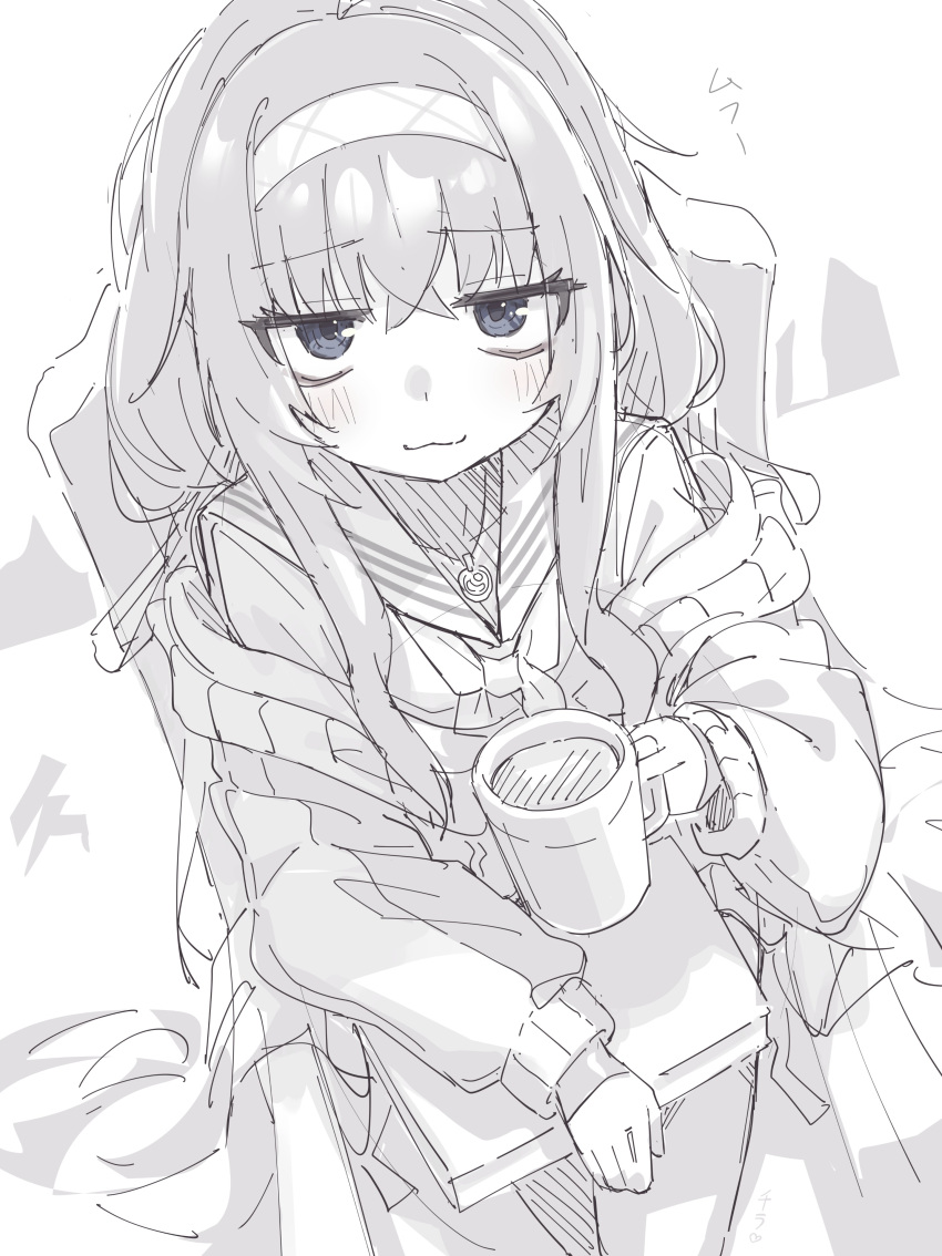 1girl :3 absurdres blue_archive blue_eyes coffee_mug crossed_bangs cup eyelashes greyscale hair_between_eyes hairband highres holding holding_cup jewelry kilabo long_hair messy_hair monochrome mug necklace school_uniform serafuku sidelocks sketch smug ui_(blue_archive)