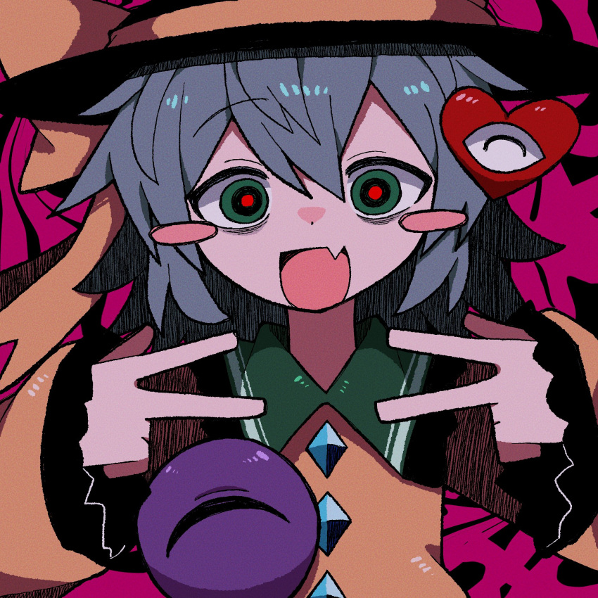 1girl black_hat bow buttons closed_eyes collared_shirt diamond_button double_v eyeball fang frilled_shirt_collar frilled_sleeves frills green_eyes green_hair hat hat_bow hat_ribbon highres komeiji_koishi open_mouth red_pupils ribbon shirt skin_fang third_eye touhou v wide_sleeves yellow_bow yellow_ribbon yellow_shirt zunusama