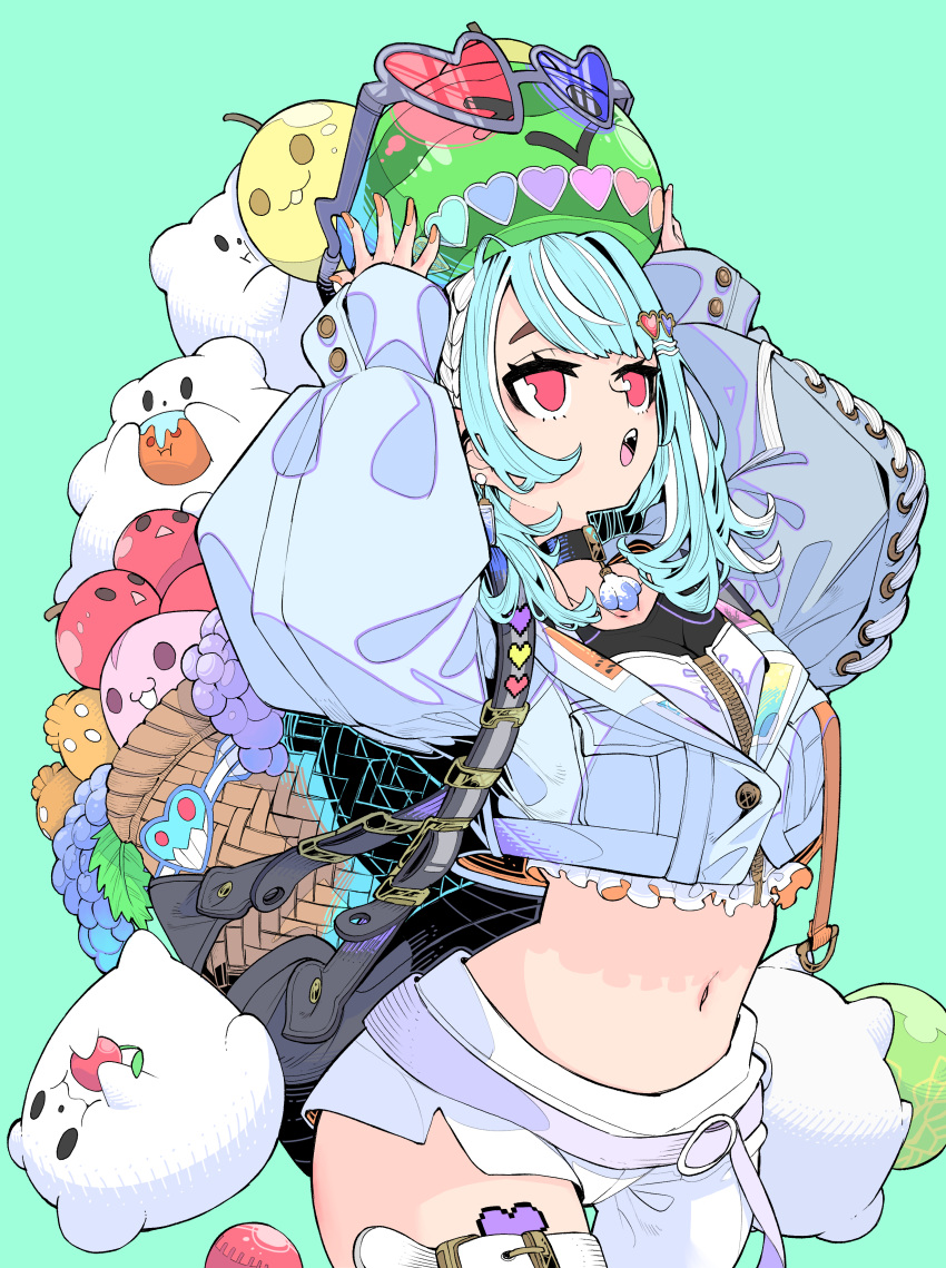 1girl absurdres basket belt black_shirt blue_hair cowboy_shot food fruit hair_ornament highres jacket midriff multicolored_hair navel object_on_head open_mouth red_eyes shiranami_ramune shirt shorts sleeves_past_wrists solo streaked_hair stuffed_animal stuffed_toy tetsu_booya virtual_youtuber vspo! white_hair white_shorts