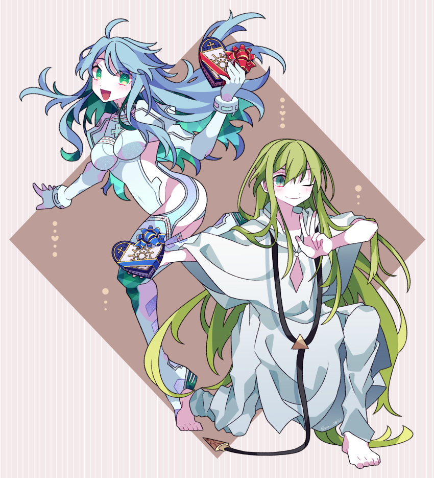 1girl 1other absurdres androgynous arabian_clothes aztec blue_hair breasts colored_inner_hair cropped_jacket crystal_hair enkidu_(fate) fate/grand_order fate_(series) gimp_suit gloves green_eyes green_hair hair_between_eyes highres jacket juliet_sleeves kujiramaru kukulkan_(fate) kukulkan_(second_ascension)_(fate) large_breasts leotard light_blue_hair lion long_hair long_sleeves looking_at_viewer multicolored_hair open_mouth puffy_sleeves robe shrug_(clothing) sideless_outfit sidelocks smile thighs toga very_long_hair white_jacket white_leotard white_robe wolf