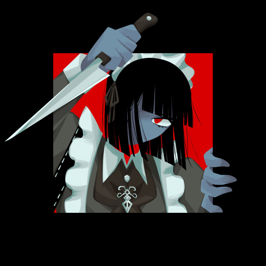 1girl ascot black_ascot black_border black_hair border brooch highres jewelry limbus_company limited_palette looking_at_viewer maid maid_headdress no_710 outside_border project_moon red_background red_eyes ryoshu_(project_moon) short_hair solo