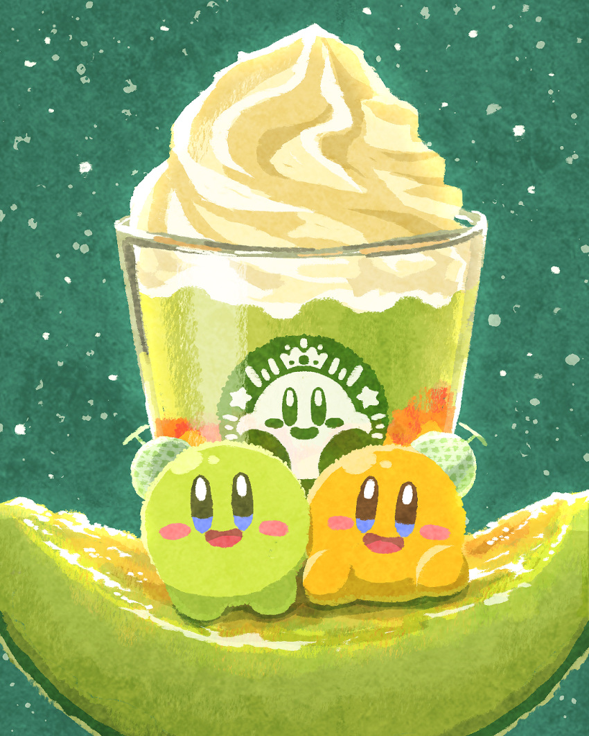 blush_stickers coffee colored_skin cup drink drinking_glass food food_focus frappuccino fruit green_background green_skin happy highres kirby kirby_(series) logo_parody looking_at_viewer melon melon_slice miclot open_mouth smile starbucks whipped_cream yellow_skin