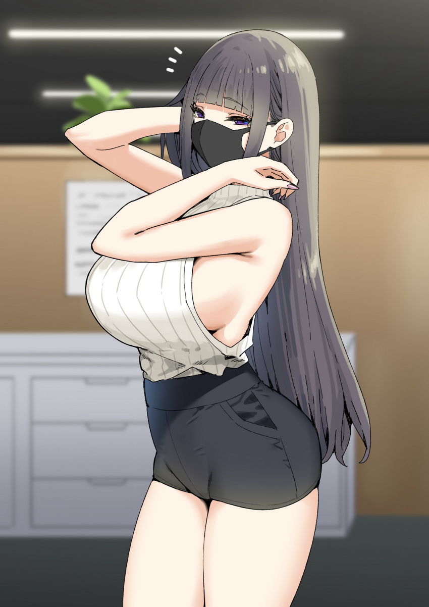 1girl black_hair black_mask breasts fingernails highres long_hair mask mouth_mask office original sideboob skindentation sky-freedom sleeveless solo surgical_mask sweater