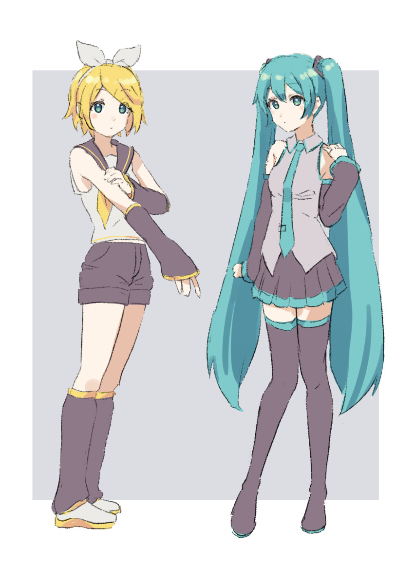 2girls bad_id bad_pixiv_id blonde_hair blue_hair boots bow_hairband collared_shirt crop_top detached_sleeves full_body green_eyes hairband hatsune_miku highres kagamine_rin leg_warmers long_hair long_sleeves multiple_girls neckerchief necktie pleated_skirt sailor_collar shirt short_hair shorts skirt sleeveless sleeveless_shirt thigh_boots twintails very_long_hair vocaloid yakkl