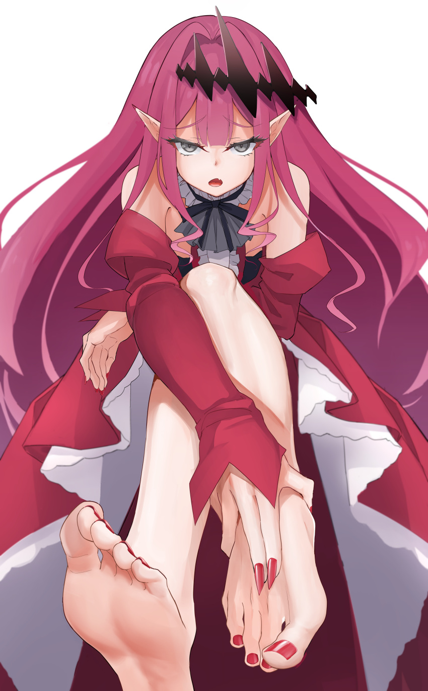 1girl absurdres baobhan_sith_(fate) baobhan_sith_(first_ascension)_(fate) bare_legs bare_shoulders barefoot crossed_legs detached_sleeves dress fang fate/grand_order fate_(series) feet foot_focus grey_eyes hand_on_own_foot highres long_hair looking_at_viewer nail_polish open_mouth pink_hair pointy_ears red_dress red_nails sanso_(oxygen) sidelocks sitting soles solo toenail_polish toenails toes white_background