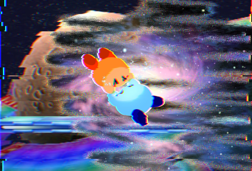 ^_^ blush_stickers closed_eyes galaxy glitch highres hug kirby_(series) map1ewood mario_(series) mario_kart mario_kart_7 moon rainbow rainbow_road space static super_smash_bros.