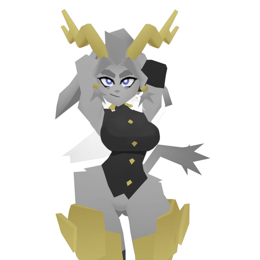 alpha_channel animal_humanoid anthro antlers armor blue_eyes bovid breasts caprine clothing felid feline female fur goat grey_body grey_fur hi_res horn humanoid hybrid jewelry lagomorph lagomorph_humanoid mammal mammal_humanoid on_model polygonal pseudoregalia simple_background solo sybil_(pseudoregalia) tail topwear transparent_background unknown_artist vest