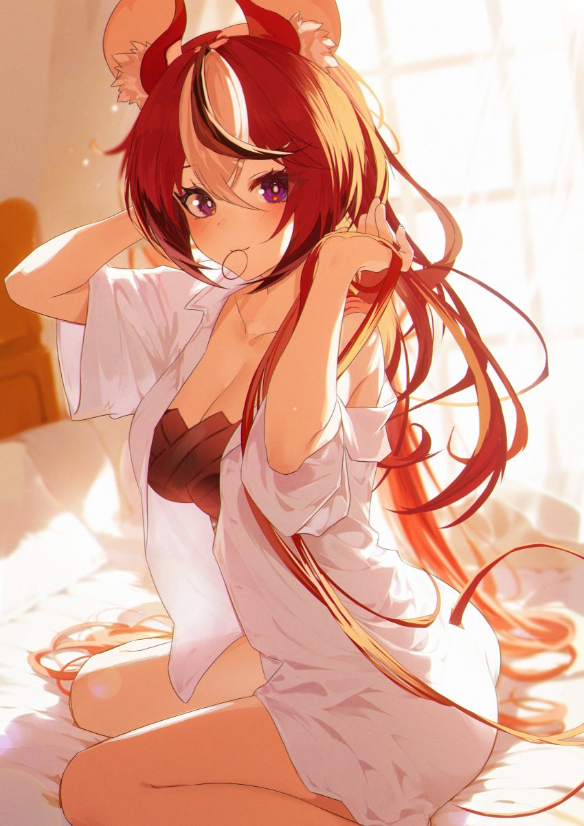 1girl absurdres animal_ear_fluff animal_ears black_bra black_hair blush bra breasts collarbone commentary crossed_bangs hair_tie_in_mouth hakos_baelz hand_in_own_hair hands_up hashtag-only_commentary highres hololive hololive_english indoors jiang_ye_kiri large_breasts long_hair looking_at_viewer mouse_ears mouse_girl mouse_tail mouth_hold multicolored_hair no_pants on_bed open_clothes open_shirt purple_eyes red_hair shirt single_off_shoulder sitting smile solo streaked_hair tail tail_through_clothes underwear very_long_hair virtual_youtuber wariza white_hair white_shirt window