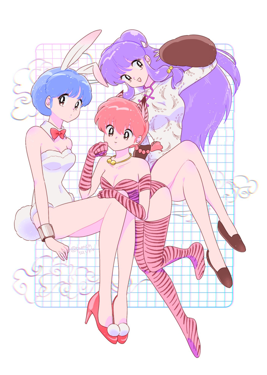 3girls animal_ears blue_hair breasts double_bun hair_bun high_heels highres invisible_chair legs multiple_girls playboy_bunny punch121ykk purple_hair rabbit_ears ranma-chan ranma_1/2 red_footwear shampoo_(ranma_1/2) short_hair sitting tendou_akane