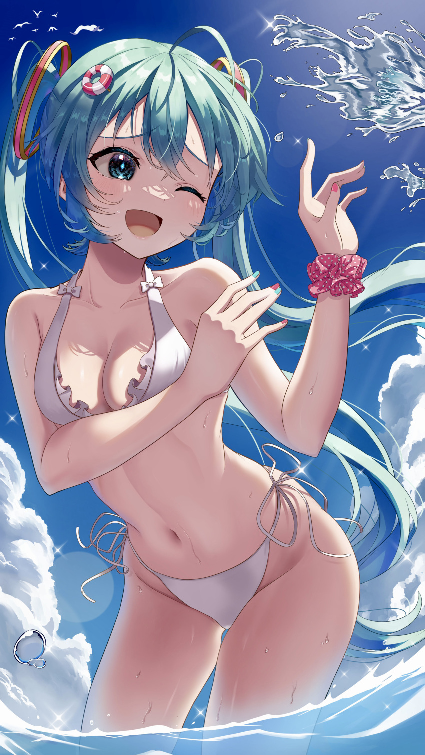 1girl ;d absurdres bare_arms bare_legs bikini blue_eyes blue_hair blue_nails blue_sky breasts cleavage clip_studio_paint_(medium) collarbone day floating_hair groin hair_ornament halterneck hatsune_miku highres innertube_hair_ornament leaning_forward lens_flare long_hair multicolored_nails nail_polish navel one_eye_closed outdoors pink_nails pink_scrunchie polka_dot polka_dot_scrunchie ribbon scrunchie side-tie_bikini_bottom sky small_breasts smile solo sparkle standing summer sunlight swimsuit tatyaoekaki twintails very_long_hair vocaloid wading white_bikini white_ribbon wrist_scrunchie