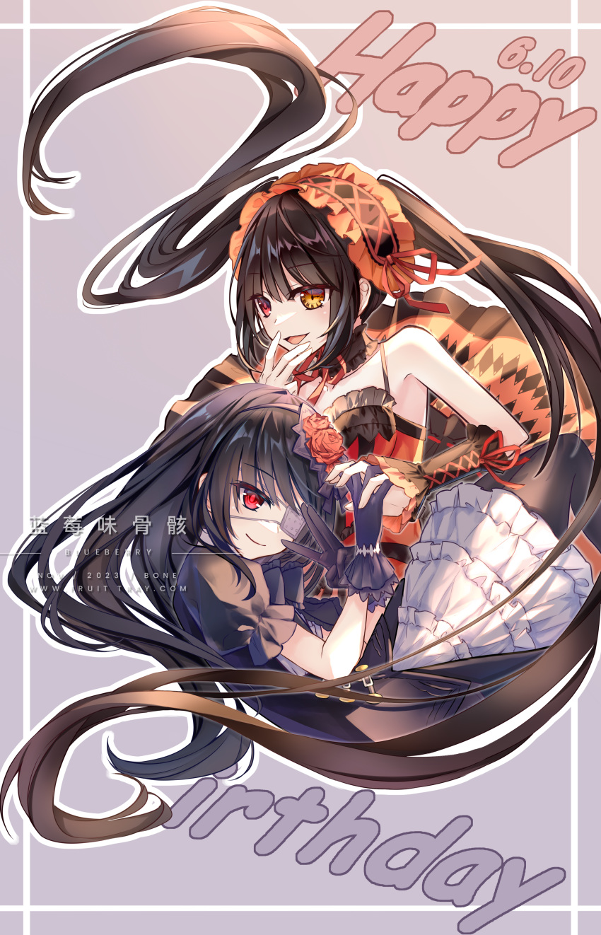 1girl absurdres bare_shoulders black_hair clock_eyes clone date_a_live dress eyepatch flower frilled_dress frills gothic_lolita hair_flower hair_ornament happy_birthday heterochromia highres holding_hands lanmeiweiguhai3 lolita_fashion medical_eyepatch puffy_short_sleeves puffy_sleeves red_flower red_rose rose short_sleeves smile symbol-shaped_pupils tokisaki_kurumi two-tone_dress