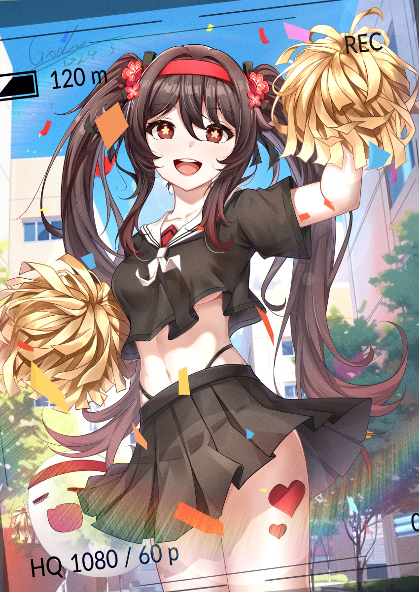 1girl :d absurdres black_flower black_hairband black_serafuku black_skirt breasts brown_eyes brown_hair collarbone dutch_angle floating_hair flower genshin_impact gxdy hair_flower hair_intakes hair_ornament hairband heart highres hu_tao_(genshin_impact) long_hair looking_at_viewer midriff miniskirt navel open_mouth pleated_skirt pom_pom_(cheerleading) sailor_collar school_uniform serafuku shirt_overhang short_sleeves signature skirt smile solo standing stomach symbol-shaped_pupils twintails underboob very_long_hair