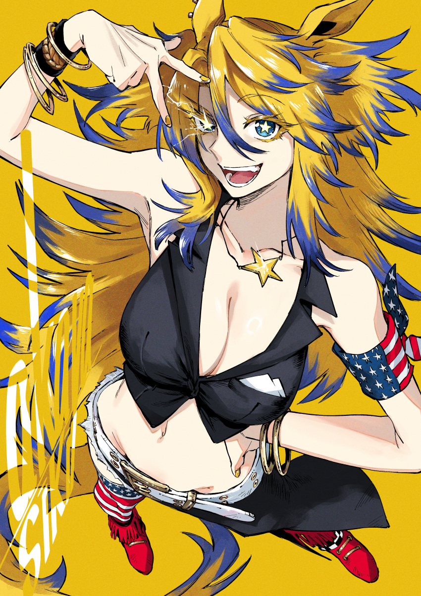 1girl absurdres akaya_shiki american_flag american_flag_legwear american_flag_print animal_ears artist_name bare_shoulders black_jacket blonde_hair blue_hair bracelet breasts cleavage commentary_request commission cropped_jacket flag_print full_body hand_on_own_hip highres horse_ears horse_girl horse_tail jacket jewelry large_breasts long_hair midriff multicolored_hair navel obey_your_master_(umamusume) red_footwear simple_background skeb_commission sleeveless sleeveless_jacket solo standing streaked_hair tail umamusume umamusume:_cinderella_gray v very_long_hair yellow_background