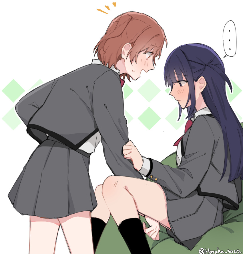 ... 2girls aijou_karen between_legs black_socks blush bow bowtie brown_hair closed_mouth collared_shirt commentary english_commentary grey_jacket grey_skirt hand_between_legs haruka_3442 highres jacket kneehighs long_hair long_sleeves multiple_girls notice_lines pleated_skirt purple_hair red_bow red_bowtie seishou_music_academy_uniform shirt shoujo_kageki_revue_starlight sitting skirt socks spoken_ellipsis sweatdrop tsuyuzaki_mahiru two_side_up white_background white_shirt