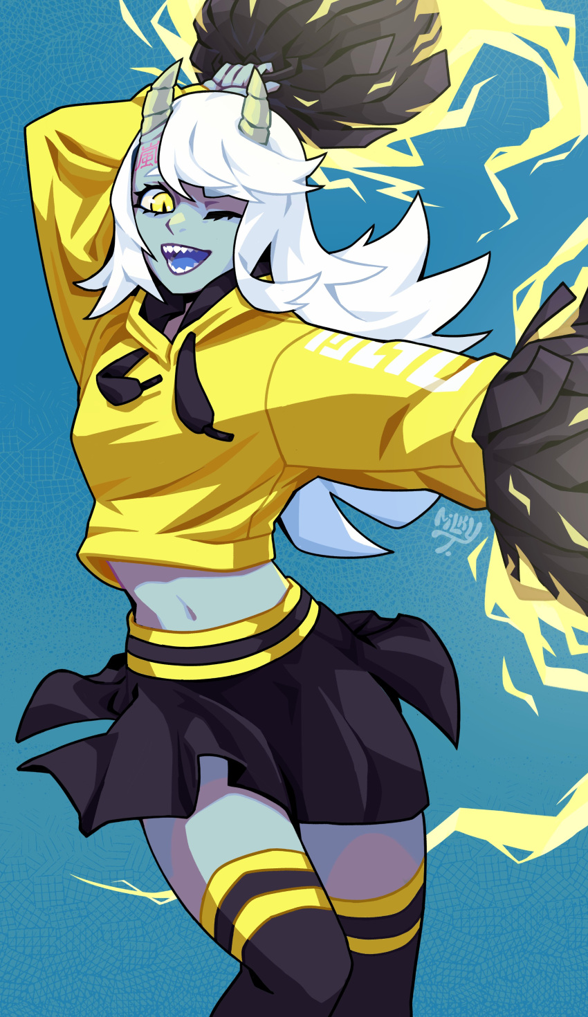 1girl absurdres blue_skin colored_skin cropped_hoodie highres hood hoodie milkytiddyboy oni skirt stomach tagme thighhighs white_hair yellow_eyes