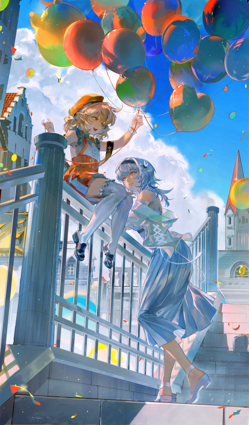 2girls absurdres alternate_costume balloon bare_shoulders black_footwear black_hairband blue_hair blue_sky building cabbie_hat chinese_commentary city cloud commentary commentary_request confetti drinkdrink eula_(genshin_impact) eye_contact frilled_thighhighs frills from_below genshin_impact hair_ornament hairband hat high_heels highres holding holding_balloon klee_(genshin_impact) light_blue_dress light_brown_hair loafers looking_at_another low_twintails medium_hair multiple_girls on_railing open_mouth outdoors pointy_ears railing red_hat shoes sitting sky smile stairs standing symbol-only_commentary thighhighs twintails white_thighhighs